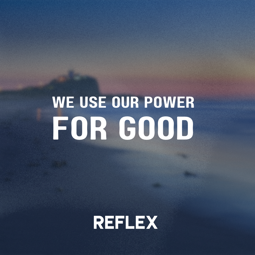 White text on a dark background. The text says "We use our power for good", while Nobby's beach is in the background.